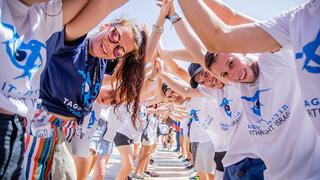 Participants on a Birthright Israel trip take part in a group activity in Israel 
