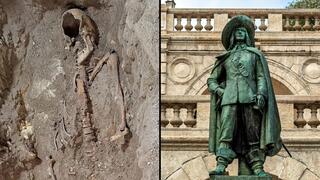 פסלו של ד'ארטניאן והשלד שהתגלה תחת רצפת הכנסייה פטרוס ופאולוס בעיר ההולנדית מאסטריכט