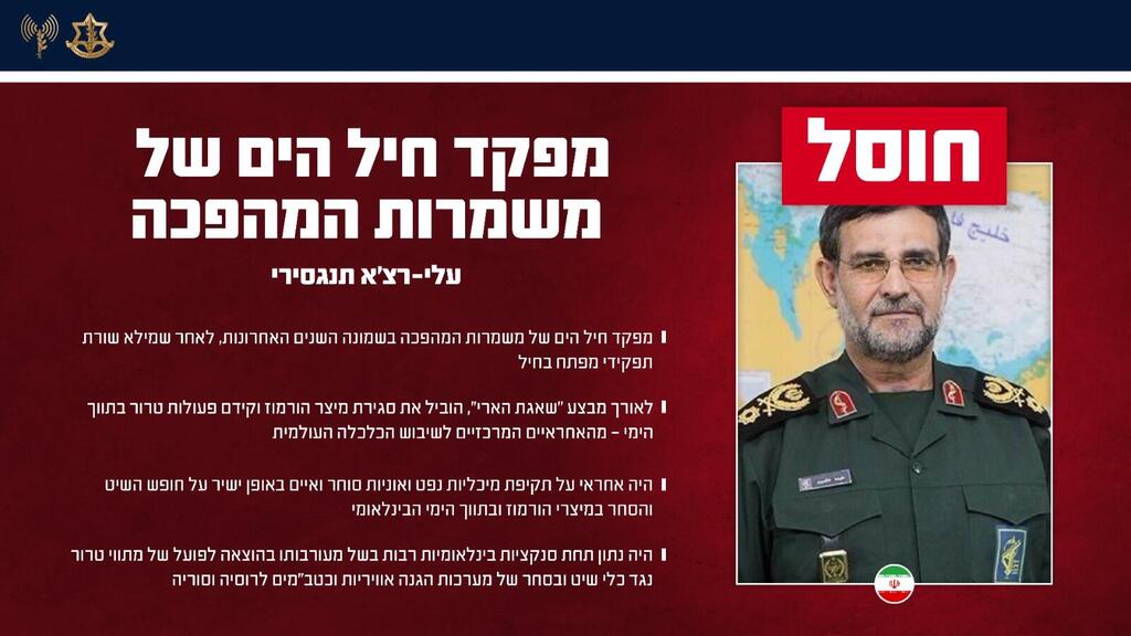 Сообщение о ликвидации Тангисри (Инфографика: пресс-служба ЦАХАЛа) עלי רזא תנגסירי