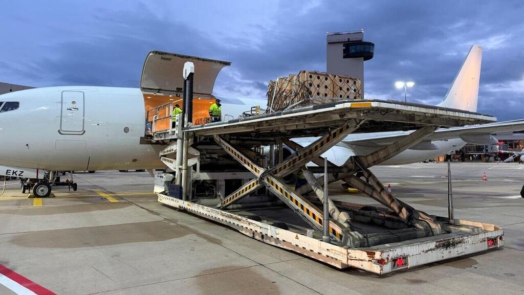 An unusual cargo (Photo: Courtesy of El Al) העלאת הארגזים ובהם האריות על המטוס בפרנקפורט