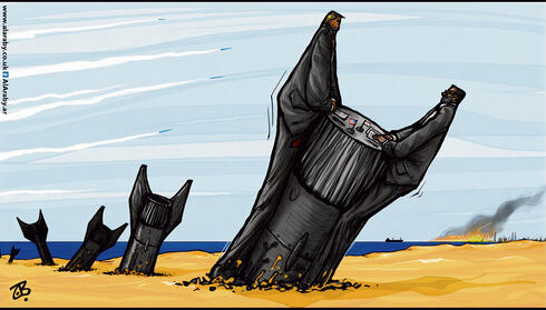 קריקטורה מ"אל־ערבי אל־ג'דיד" של מו"מ אמריקאי־איראני. פיצוצו הוא תרחיש סביר שצפוי להוביל להחרפת המערכה