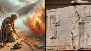 חשיארש הראשון (מזוהה לרוב עם אחשוורוש ממגילת אסתר), עומד מול מזבח־אש, לצד משה בסצנת הסנה הבוער