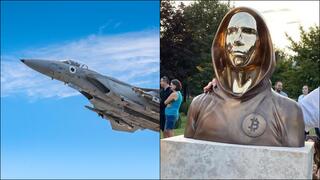 פסל של סאטושי נקאמוטו ומטוס חיל האוויר בדרך לאיראן