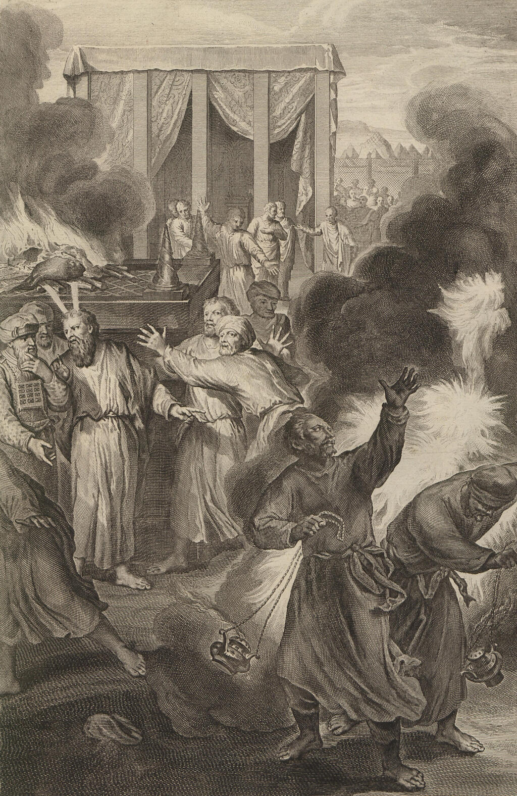  Nadab and Abihu consumed by fire from the Lord; illustration from 'Figures de la Bible' published by P. de Hondt in The Hague in 1728