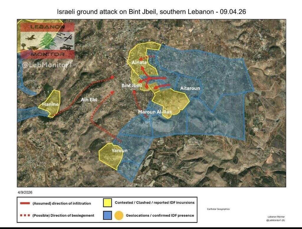 מפת התקיפות של צה"ל באזור בינת ג'בייל (פורסם בלבנון/בטוויטר הלבנוני LEBANON MONITOR)