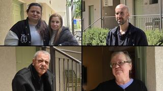 תושבי הצפון שפונו פעמיים ובתיהם נפגעו ועכשיו הם מפונים (מימין למעלה, בכיוון השעון): אבירם פחימה, ילנה גליצקי, חיים עמר, אוקסנה מרטינוב וגלית אטיאס