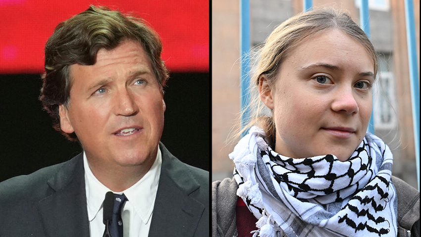 Такер Карлсон и Грета Тунберг (Фото: Asatur Yesayants / Shutterstock.com, Ross D. Franklin/AP) גרטה טונברג וטאקר קרלסון