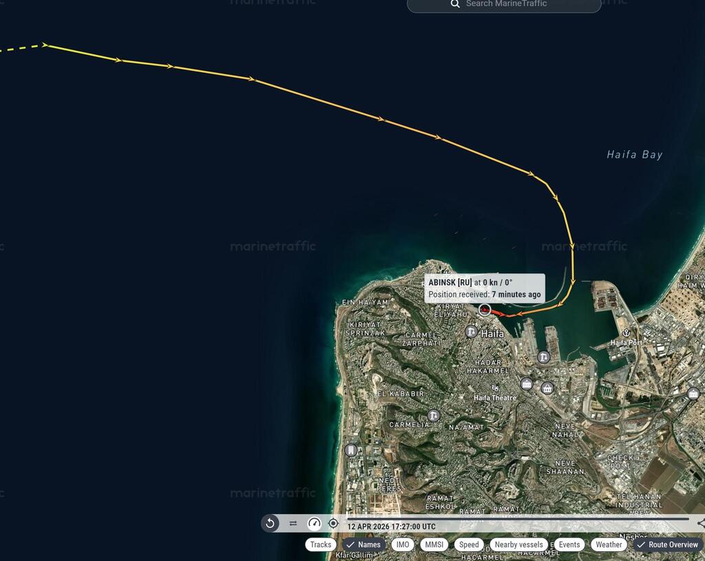 Illustration: Marine Traffic המסלול של אוניית המטען הרוסית ABINSK שדווח כי עגנה בחיפה עם חיטה אוקראינית