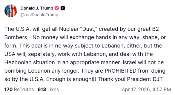 Trump: 'Israel will not be bombing Lebanon any longer. Enough is enough' (Photo: Screengrab) טראמפ: לישראל אסור להפציץ יותר בלבנון. מספיק!