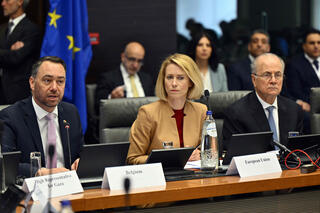 Belgian foreign minister Maxime Prevot,fropm left, EU High Representative for Foreign Affairs Kaja Kallas and Palestinian Authority Prime Minister Mohammad Mustafa attend the 9th meeting of the Global Alliance for the Implementation of the Two-State Solution in Brussels