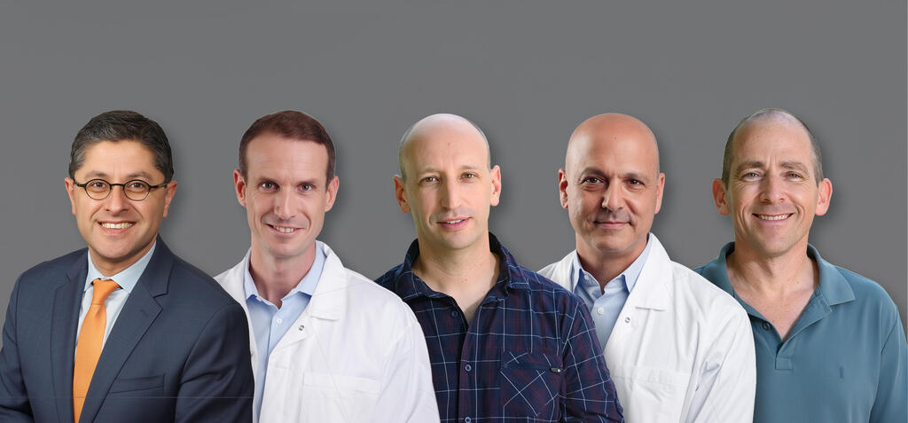 מחקר מיפוי כבד: מימין: פרופ' שלו איצקוביץ', פרופ' עדו נחמני, ד"ר אורן יעקובובסקי, פרופ' ניב פנקוביץ וד"ר טימוצ'ין טאנר