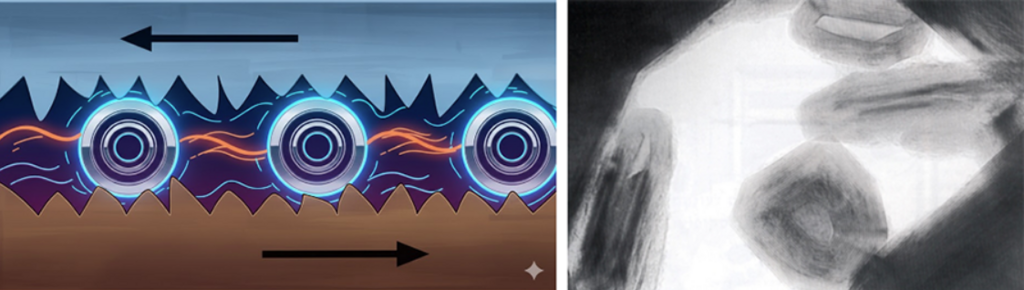 Tenne was interested not only in discovering and producing these new materials, but also in their practical potential. Right: fullerene-like tungsten disulfide. Left: an illustration of nanobearings made from this material, which prevent contact between surface protrusions and significantly reduce friction between moving machine parts 