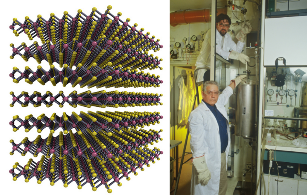 After joining the Weizmann Institute’s research staff, Tenne focused on layered materials. Illustration of molybdenum disulfide layers alongside an image of Tenne in the lab 