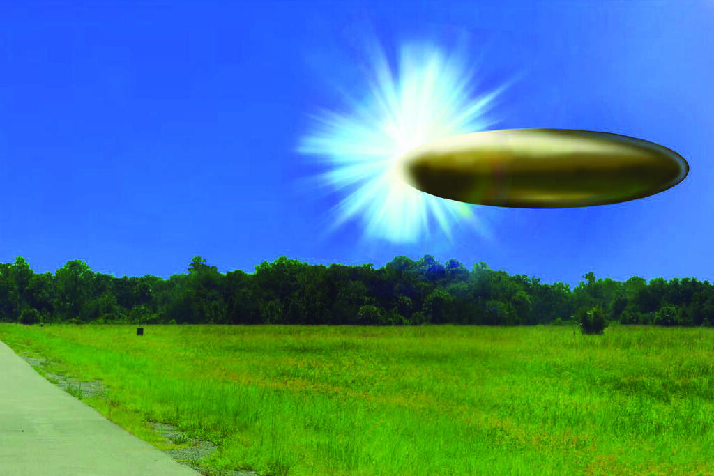An FBI laboratory graphic depicting matching eyewitness reports from September 2023 of a metallic, bronze-colored ellipsoidal object, reportedly 40 to 60 meters long, that emerged from a bright light in the sky and vanished instantly (Photo: Pentagon) גרפיקה שהוכנה על ידי מעבדת ה-FBI, המתארת דיווחי עדי ראייה תואמים מספטמבר 2023 על עצם אליפסואידי מתכתי בצבע ברונזה, שלכאורה הופיע מתוך אור בוהק בשמיים, באורך של כ-40 עד 60 מטר, ונעלם באופן מיידי