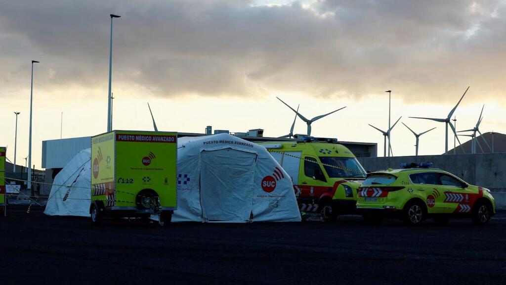 A view of a tent of a mobile medical facility set up at the port of Granadilla de Abona 