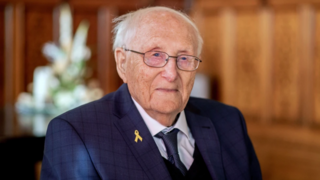 Albrecht Weinberg, one of the last survivors of the Holocaust, sits in the Leer town hall in Leer, Germany, March 5, 2025 