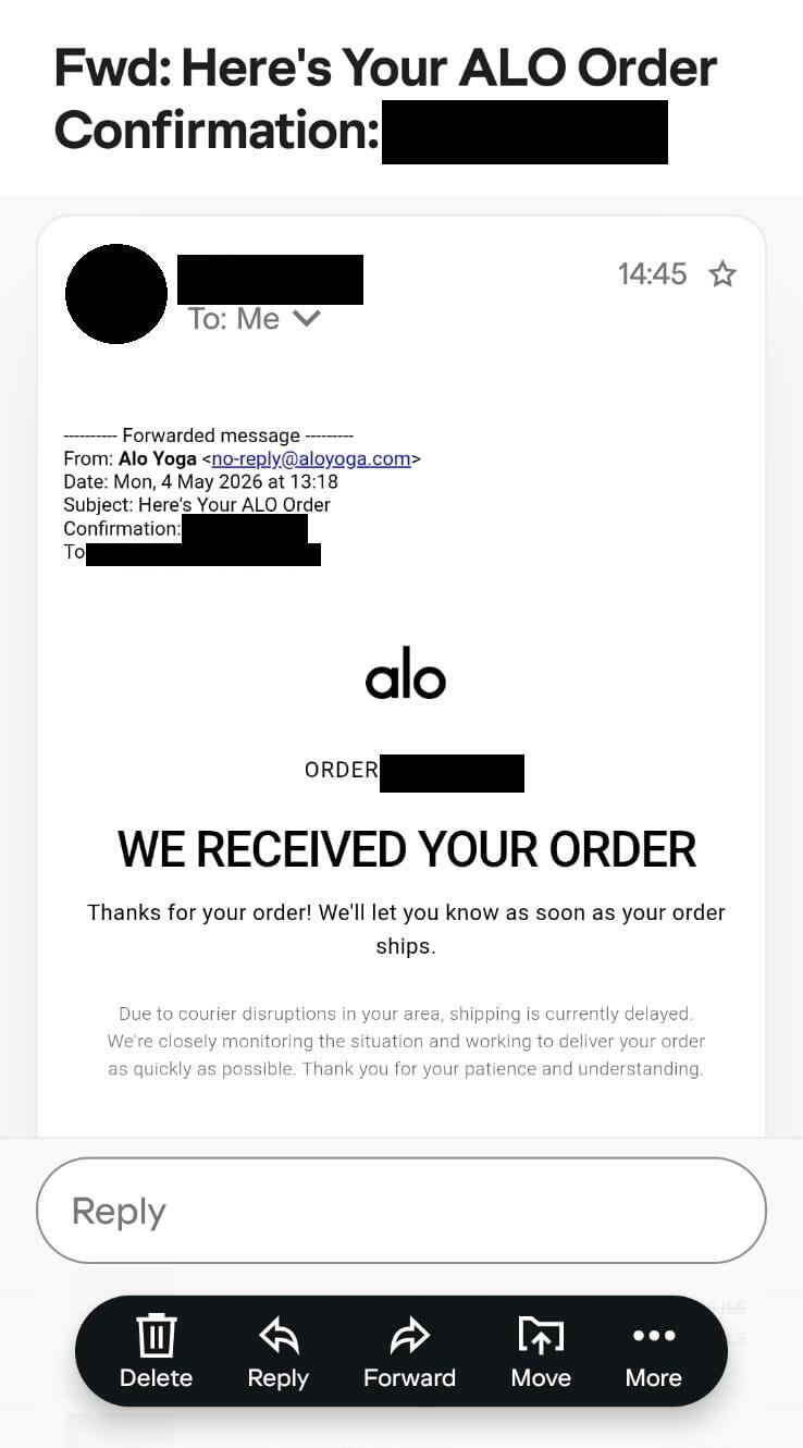 The order placed by the Israeli customer (Photo: Courtesy) ההזמנה שביצעה הלקוחה הישראלית