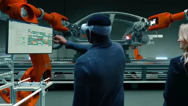 Dassault and Nvidia technologies (Photo: Dassault Systèmes) שימוש במשקפי הוויז'ן פרו וטכנולוגיה של דאסו ואנבידיה במפעל ייצור רכב