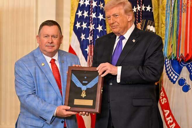President Donald Trump presents the Medal of Honor to Chris Edmonds, son of Master Sgt. Roddie Edmonds (Photo: US Army) Roddie Edmonds
