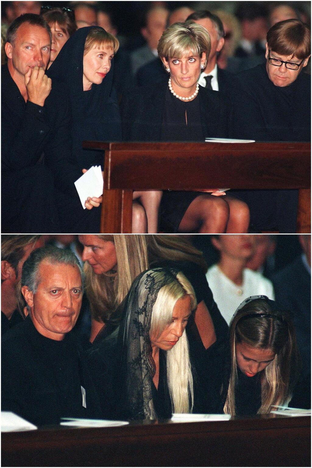 Elton John, Princess Diana, Trudie Styler, Sting and the Versace family at Gianni Versace’s funeral, 1997 (Photo: AP Photo/Luca Bruno) אלטון ג'ון, הנסיכה דיאנה, טרודי סטיילר, סטינג ומשפחת ורסאצ'ה בהלוויה של ג'יאני ורסאצ'ה, 1997