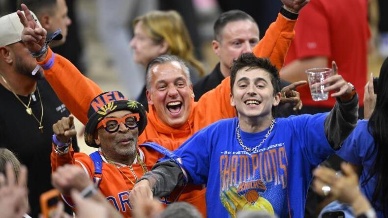Knicks fans Spike Lee and Timothée Chalamet  celebrate in Cleveland