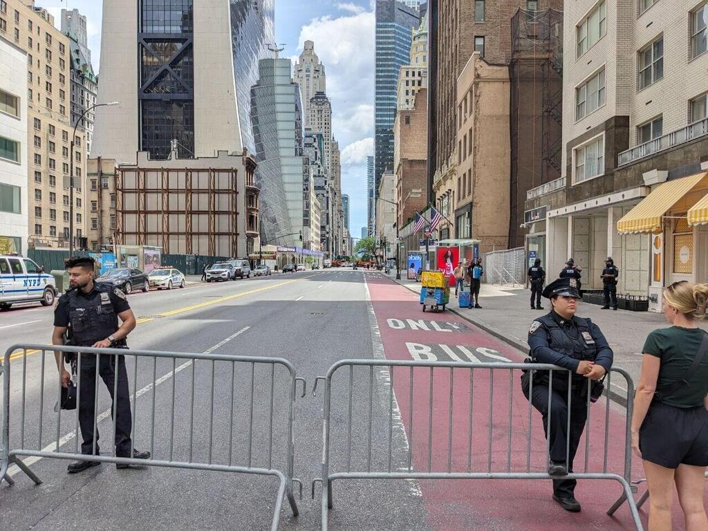 NYPD officers secure a section of Manhattan near the Israel Day Parade route, where access was limited to residents amid heightened security measures (Photo: Amir Bogen) NYPD officers secure a section of Manhattan near the Israel Day Parade route, where access was limited to residents amid heightened security measures