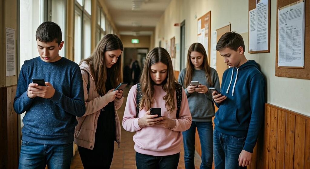 The study found that the share of Israeli students in grades 7-12 who are "addicted" to social media has nearly quadrupled in six years (Photo: Shutterstock AI) ילדים בסמארטפונים