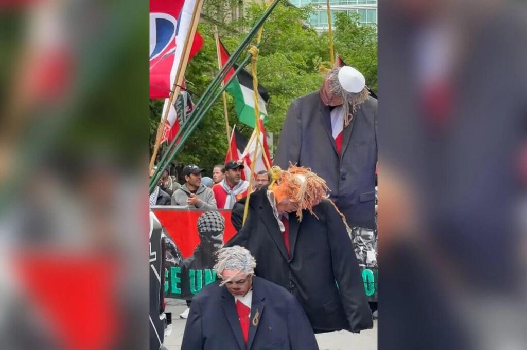 An anti-Israel protest in the city showing a mock hanging display of a figure wearing a kippah (Photo: Section 27A, from social media) בובות של בן גביר, טראמפ ונתניהו תלויות בהפגנה פרו פלסטינית במונטריאול