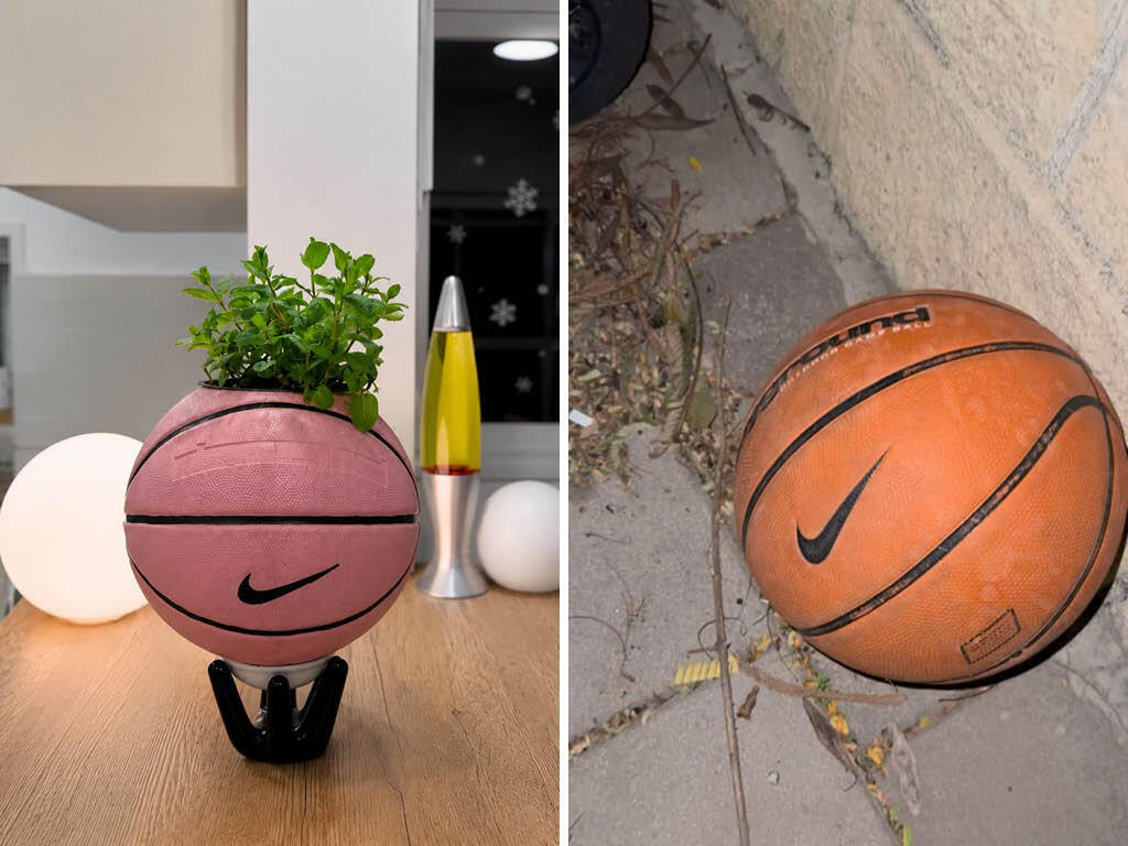 The ball on the street (right), and after the makeover: a planter (Photo: Shoval Keren) מהפך מהפח