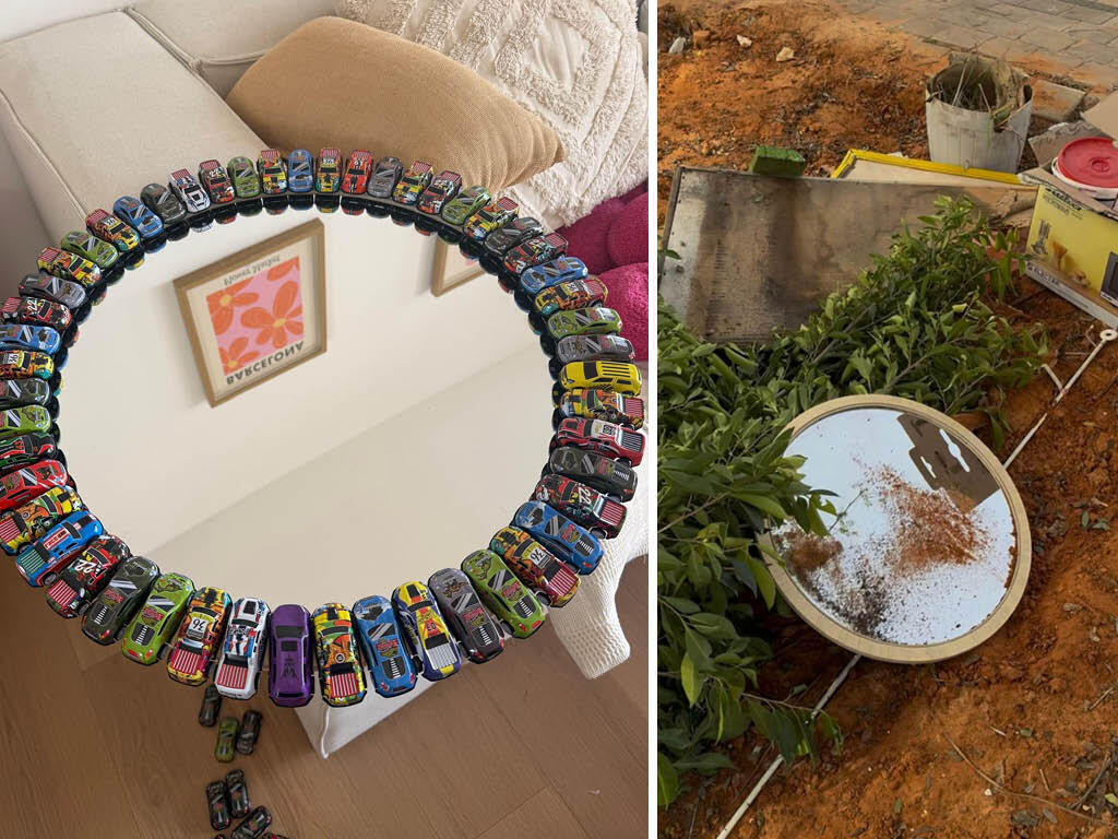 The discarded mirror (right), and after the makeover (left) (Photo: Shoval Keren) מהפך מהפח