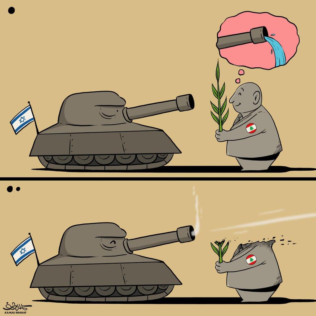 Cartoons by Yemeni cartoonist Kamal Sharaf, a supporter of the Houthis and the Iranian axis הקריקטוריסט התימני כמאל שרף