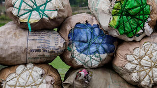 Bags filled with recyclable materials at a garbage dumping site on World Environment Day in Guwahati, India 