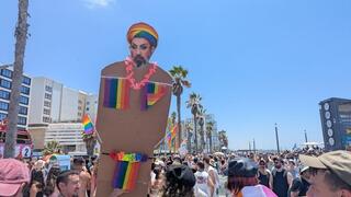 A cardboard effigy of Iranian Supreme Leader Mojtaba Khamenei, styled with makeup, at Tel Aviv’s Pride Parade 