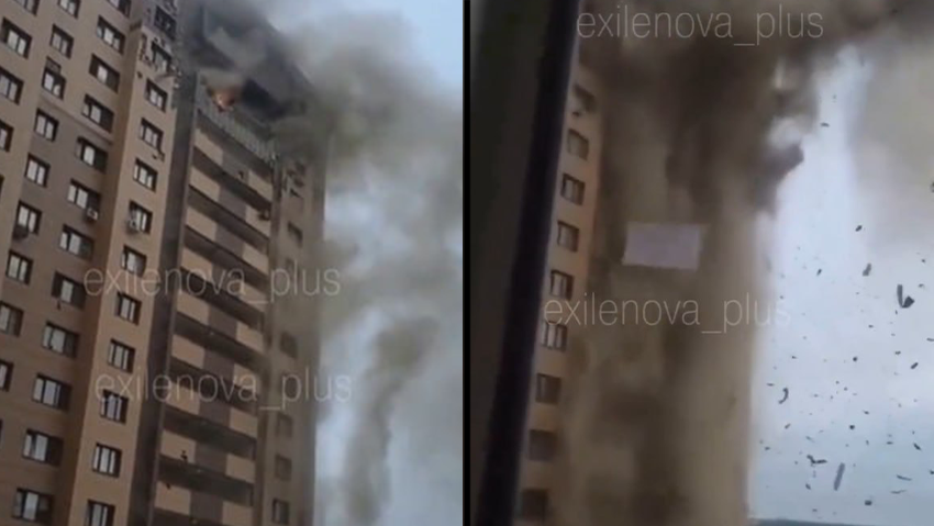 Debris falls from a residential building in the Moscow region after being hit by one of the drones