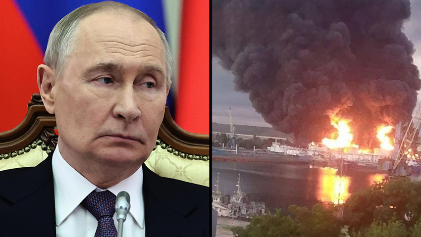 Putin after another Ukrainian strike on a Russian oil facility. Kyiv again launched more than 450 drones in a single night (Photo: Alexander Kazakov, Sputnik, Kremlin Pool Photo via AP) נשיא רוסיה ולדימיר פוטין ושריפה מתקן נפט