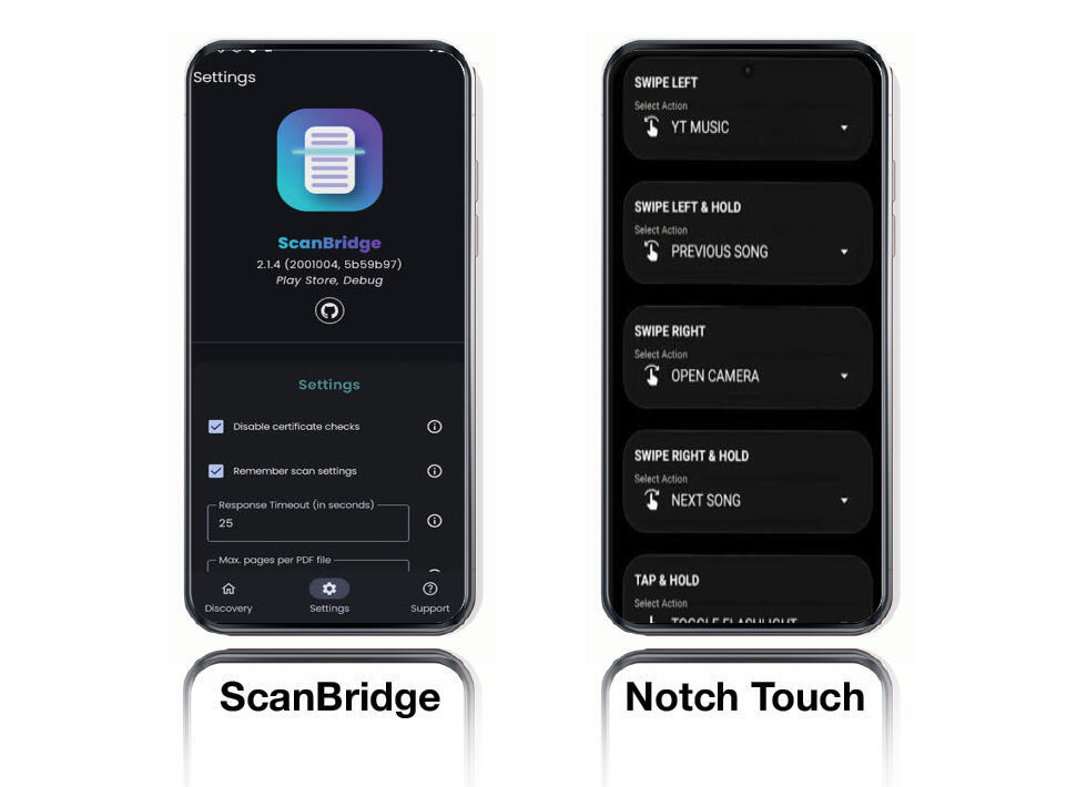 מימין: אפליקציית Notch Touch, אפליקציית ScanBridge