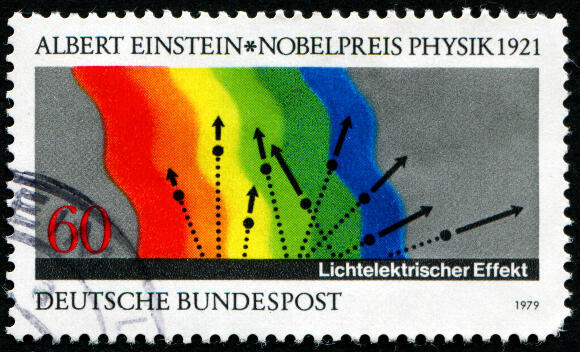 The explanation that solved a long-standing mystery in physics: why do certain waves cause electrons to be emitted from matter? A stamp issued in West Germany in 1979 to commemorate the photoelectric effect 