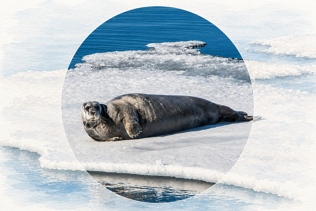 Shrinking ice cover harms ringed seals, which depend on sea ice to reproduce. A ringed seal on an ice floe 
