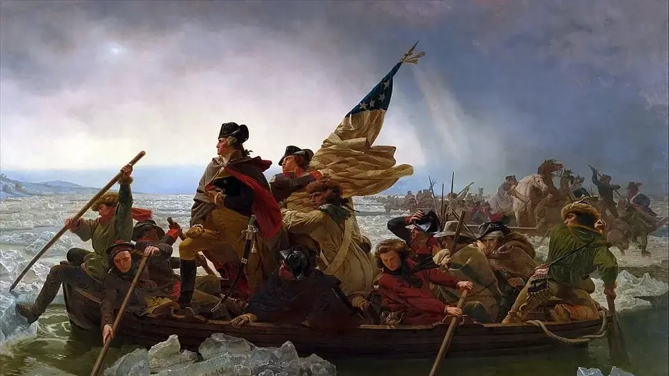 Washington Crossing the Delaware (Painting: Emanuel Leutze, 1851) האיור ציור " וושינגטון חוצה את הדלאוור " של עמנואל לויצה מ-1851 שמתאר את חציית הנהר על ידי ג'ורג' וושינגטון ב מלחמת העצמאות של ארה"ב ב 1776 בדרך לניצחון ב קרב טרנטון