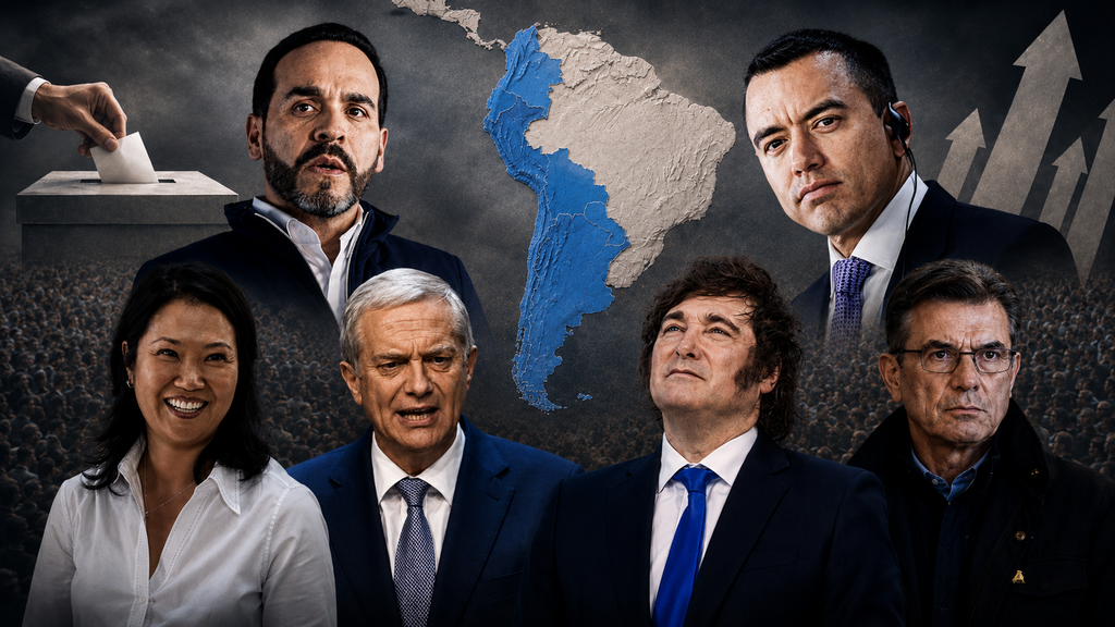 Top left clockwise: Abelardo de la Espriella, Daniel Noboa, Rodrigo Paz, Javier Milei, José Antonio Kast, Keiko Fujimori (Photo: AP Photo/Evan Vucci, Eitan ABRAMOVICH / AFP, REUTERS/Sara Aliaga, JOAQUIN, REUTERS/Adriano) חאבייר מיילי, חוזה אנטוניו קאסט, אבלרדו דה לה אספרייה, קייקו פוג'ימורי, דניאל נובואה, רודריגו פאס