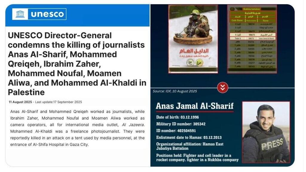 Left: UNESCO condemns journalist’s killing. Right: Hamas admits he was a terrorist (Photo: UN Watch) ארגון אונסק"ו מכריז על מותם של שבעה עיתונאים ע"י צה"ל
