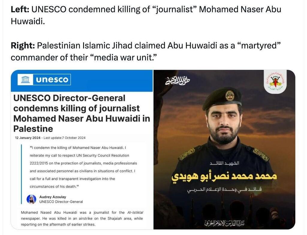 Left: UNESCO condemns journalist’s killing. Right: Islamic Jihad admits he was a terrorist (Photo: UN Watch) ארגון אונסק"ו מכריז על מותם של שבעה עיתונאים ע"י צה"ל