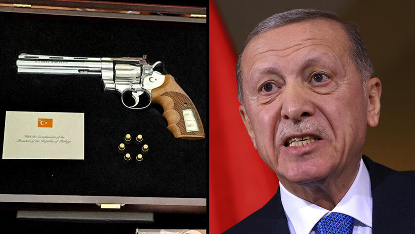 President Recep Tayyip Erdogan gifted each NATO leader an old-model pistol, along with live ammunition (Photo: Lithuanian President's Office/Handout via REUTERS, Sean Gallup/Getty Images) פסגת נאט"ו טורקיה ארדואן נתן למנהיגים מתנה אקדח ו קליעים זו הערכה שניתנה לנשיא ליטא
