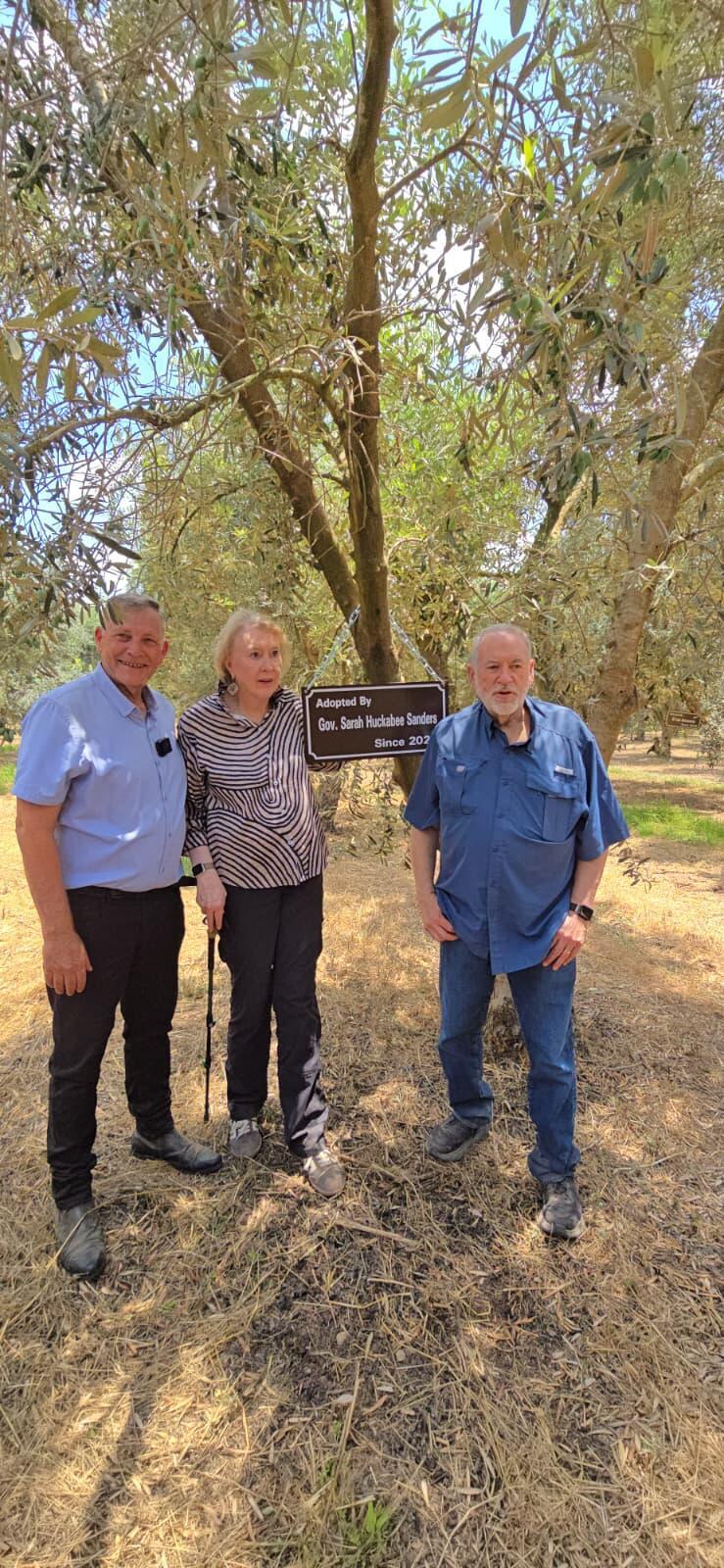 US Ambassador Mike Huckabee and his wife, Janet, stand beside a newly adopted olive tree honoring their daughter, Arkansas Gov. Sarah Huckabee Sanders 