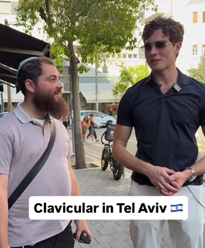 Rabbi Yossi Farro, left, accompanies viral influencer Clavicular as the pair tour Tel Aviv during Clavicular's first visit to Israel (Photo: Screengrab) Rabbi Yossi Farro, left, accompanies viral influencer Clavicular as the pair tour Tel Aviv during Clavicular's first visit to Israel