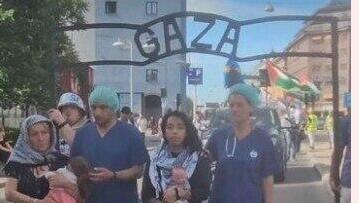 השער עם הכיתוב "עזה" בהפגנה בשטוקהולם