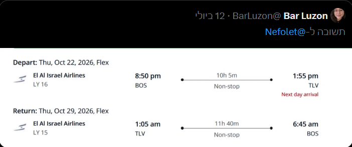 Bar Luzon’s ticket to Israel ahead of the election (Photo: X) הכרטיס של בר לוזון שמגיעה לארץ לקראת הבחירות