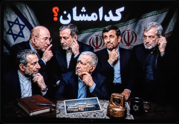 Senior Iranian officials with Stars of David on their hands in an AI-generated image posted by the Mossad’s Persian-language account (Photo: Mossad) נשיאי איראן עם מגני דוד