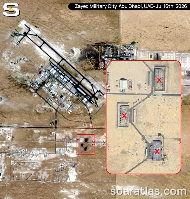 Destroyed buildings at the military complex in Abu Dhabi (Photo: SoarAtlas) מבנים שהושמדו במתחם הצבאי באבו דאבי