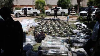 Weapons, drones and missiles displayed by Syria's Interior Ministry after authorities announced the seizure of an alleged arms shipment near the Syrian-Iraqi border, July 16, 2026 